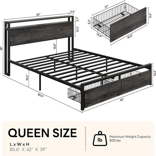 LIKIMIO Queen Bed Frame with 2 2-Tier Storage Headboard, Platform Bed with 2 Drawers and Charging Station, No Box Spring Needed, Easy Assembly, Charcoal Grey