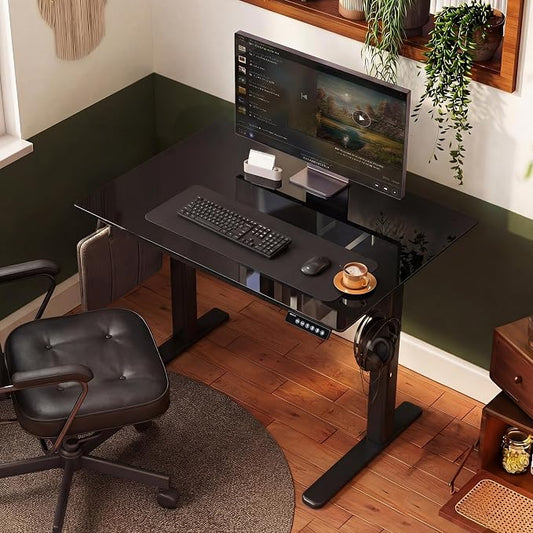 INNOVAR Glass Standing Desk with Drawers, 32×19 Inch Adjustable Stand Up Desk, Quick Install Home Office Computer Desk, Black