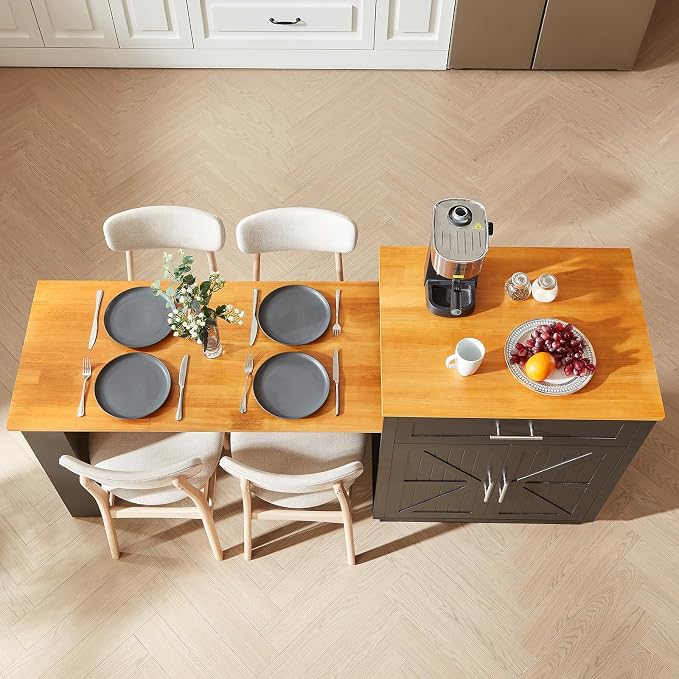 ONBRILL 76" Kitchen Islands with Extendable Dining Table, 2-4 Island Table with Double-Side Storage, Mobile Storage Islands Cart with Power Outlet & Spice Rack, Black