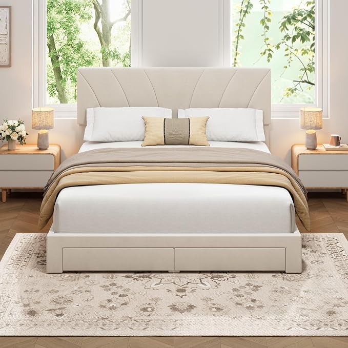 Garvee Queen Size Bed Frame with 2 Storage Drawers & Adjustable Headboard, Velvet Upholstered Platform Queen Bed Frame, Wooden Slats Support, No Box Spring Needed, Easy Assembly, Beige