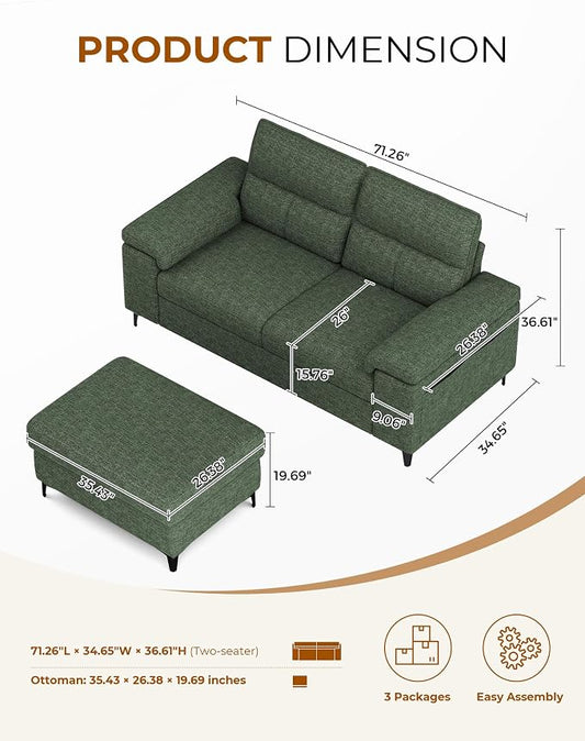 71.25" L Shaped Sectional Couches for Living Room, Deep Seat Sofa with Big Storage Ottoman & 8”Cushion, Comfy 2-Seater Chenille Loveseat, Convertible Armrest, Removable Cover for Small Space(Green)