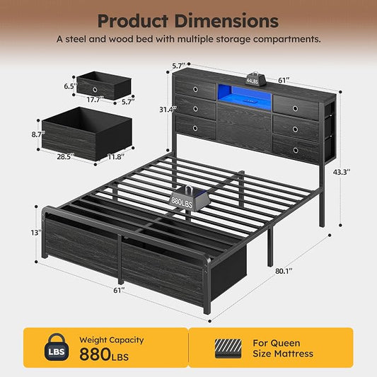 Homkdom Queen Bed Frame,8 Drawers,LED Lights,Charging,Headboard,Black | 8 Fabric organizers , USB and Type-C power ports, Supports up to 880 lbs,Noise-free and quick assembly for bedroom