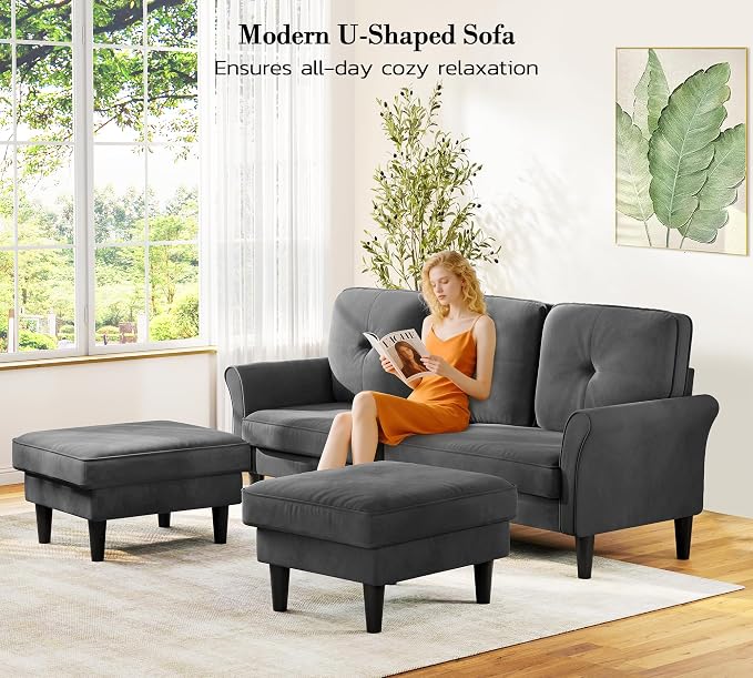 Kidirect Small Sectional Couch, 83" U Shaped Couch, Comfy Velvet Couches for Living Room, Tool-Free Setup Modular Sectional Sofa, 850lbs Load Sofas for Living Room with 2 Movable Ottomans, Grey Couch