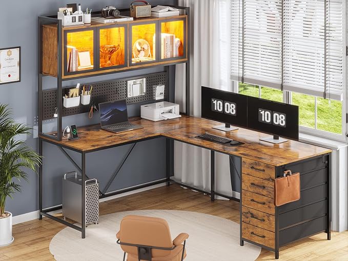 SEDETA L Shaped Gaming Desk with Drawers, L Shaped Computer Desk with Hutch and Storage Shelves, Gaming Desk with Pegboard, Led Lights, and Power Outlet, Home Office Desk, Corner Desk, Rustic Brown
