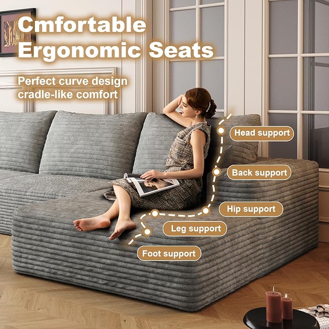 AUGOP 136" Sectional Couches for Living Room Modern Modular Sofa with L-Shape Couchs Upholstered Boneless Couch Deep Seat Sectional Couch with Chaise (Grey, Right Facing Chaise+3Seaters)