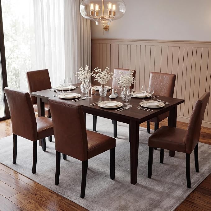 LSSBOUGHT Modern Dining Chair Urban Style Linen Kicthen Chairs with Solid Wood Legs for Dining Room and Restaurant (Brown, Set of 6)