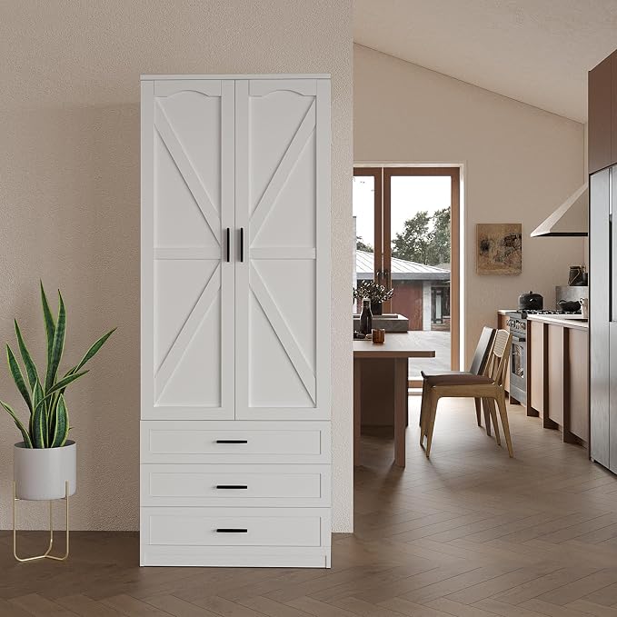 FJTJBSI 72" LED Kitchen Pantry Cabinet with 3 Drawers Farmhouse Tall Storage Cabinet Wood Food Pantry with Barn Doors and Adjustable Shelves Versatile Storage Freestanding Cupboard for Kitchen