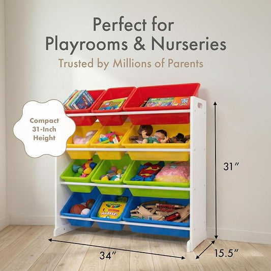 Humble Crew Toy Storage Organizer with 12 Removable Storage Bins for Kids Playroom, 4-Tier Toddler Toy Organization, White/Primary