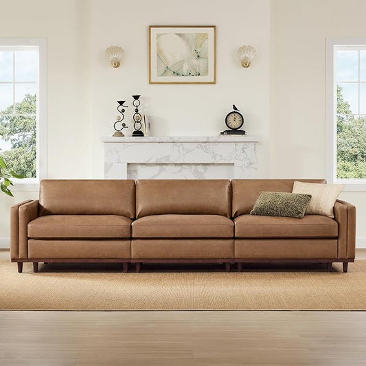 CHITA 118” Super Large Luxury Sectional Modular Sofa, Down Filled, 3 Seat Couch, Faux Leather in Camel