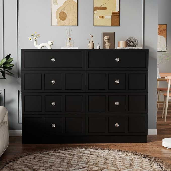 8 Drawer Dresser for Bedroom: 47" Black Wide Tall Dressers for Bedroom, Modern Fluted Dresser with Deep Drawers, Wooden Chest of Drawers for Living Room