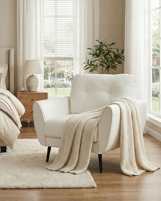 TYBOATLE Accent Chair Comfy Modern Living Room Chair White Leather Reading Accent Chairs Tufted Mid Century Moden Arm Chair Small Salon Chair for Office Bedroom (1, White)