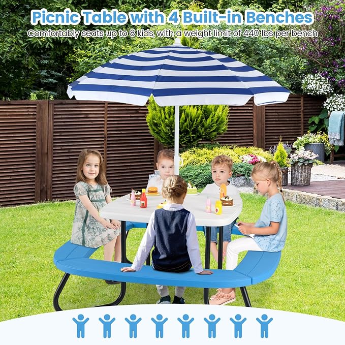 Costzon Kids Picnic Table, 8 Person Kids Outdoor Table and Chairs with Foldable & Adjustable Umbrella, 4 Built-in Benches, Toddler Outdoor Furniture for Backyard, Patio, Garden (Blue)