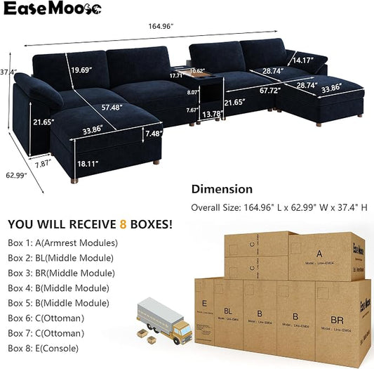 EASE MOOSE Oversized U Shape Sectional Sofa,Blue Deep Seat Modular Sofa
