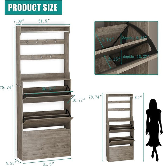 Shoe Cabinet for Entryway with 3 Flip Drawers, Grey Tall Wood Shoe Storage Cabinet with Coat Rack, Narrow Hidden Slim Freestanding Shoe Rack Organizer, 2 in 1 Hall Tree for Living Room, Hallway