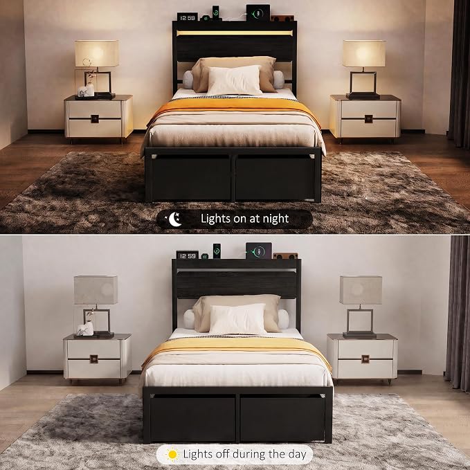 Twin Bed Frames with Drawers, Platform Bed with LED Lights & Charging Station, Wood Headboard, Strong Metal Slats Support, No Box Spring Needed, Noise Free, Easy Assembly
