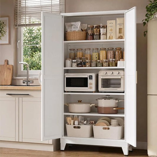 71”H Metal Kitchen Pantry Cabinet, Pantry Cabinets with 2 Doors and 4 Shelves, Kitchen Cabinet for Kitchen, Dining Room, Living Room and Bathroom, White