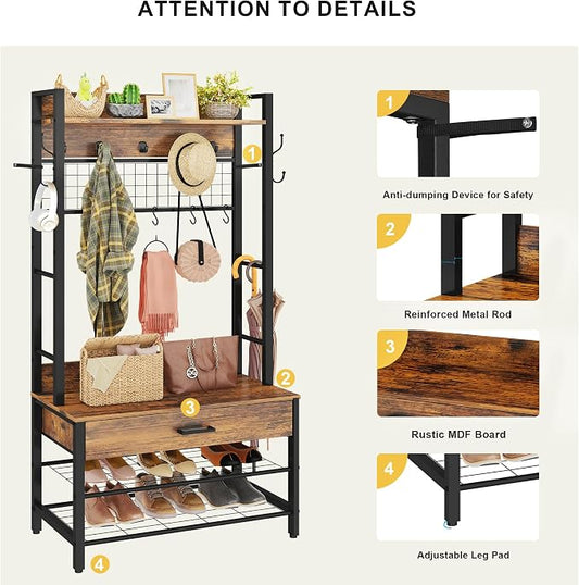 Recaceik Hall Tree with Bench and Shoe Storage, Entryway Coat Rack with Shoe Bench, Industrial Hall Tree with Drawers and 12 Hooks for Bedroom, Living Room