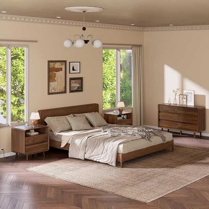 Nasonet Dresser and Nightstand Sets 3 Piece, 6 Drawer Dresser for Bedroom and Nightstands Set of 2, Wood Chest of Drawers Night Stand Mid Century Modern Bedroom Furniture Set, Walnut