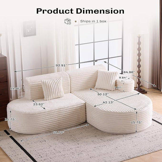 Modern Curved Boneless Sofa Couch, L-Shaped Corner Sofa, Corduroy Upholstered Cloud Sectional Couch for Living Room, Bedroom and Apartment,No Assembly Needed(Beige, Right Hand Facing)