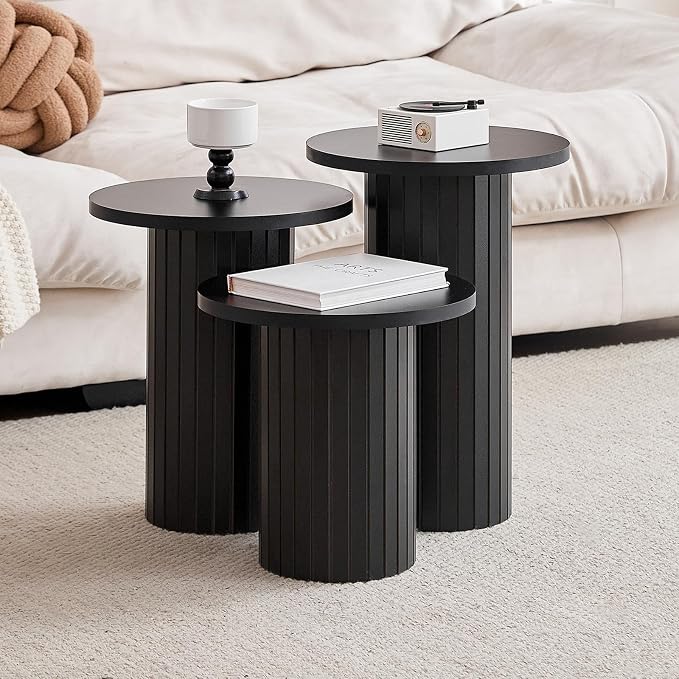 Round Side Tables Set of 3, Circle Modern Fluted Nesting Coffee Table, Accent End Table Set for Living Room and Bedroom, Black