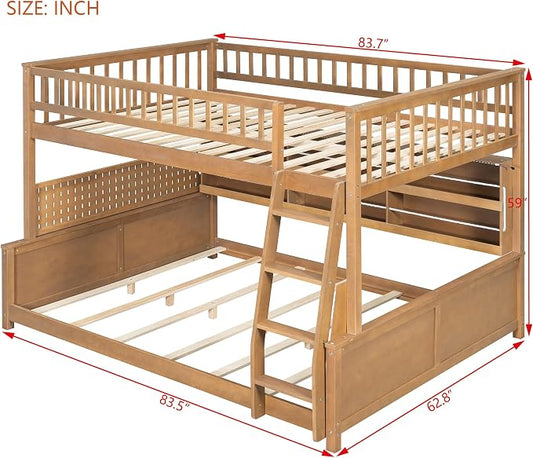 Full XL Over Queen Bunk Bed, Wood Bunk Bed with Integrated Shelving, Color-Changing Lights and Pegboard for Kids Teens Adults, Brown