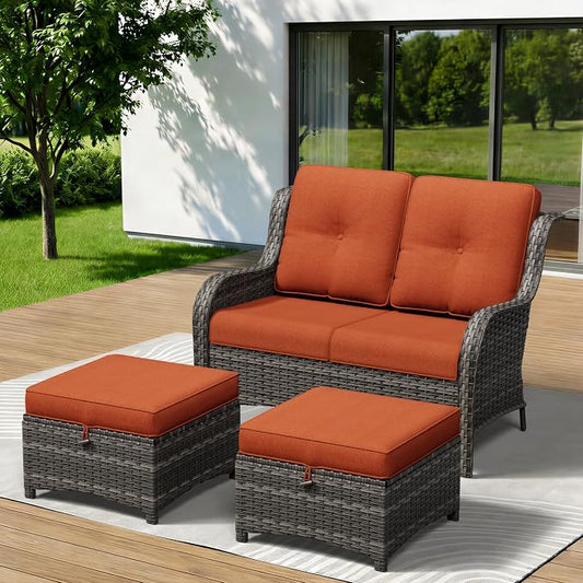 3-Piece Outdoor Couch Set, 1 Wicker Patio Loveseat with Thickened Olefin Cushions, High Back and Deep Seating, Hand-Woven PE Rattan and 2 Ottomans, Patio Conversation Set for Porch, Deck