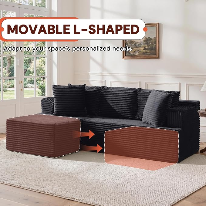 Korser Boneless Couches for Living Room, Cloud Couch Sectional with Ottoman, L-Shaped Sofa with Fluffy Comfy Corduroy Deep Seat, Bedroom, Apartment, No Assembly Required
