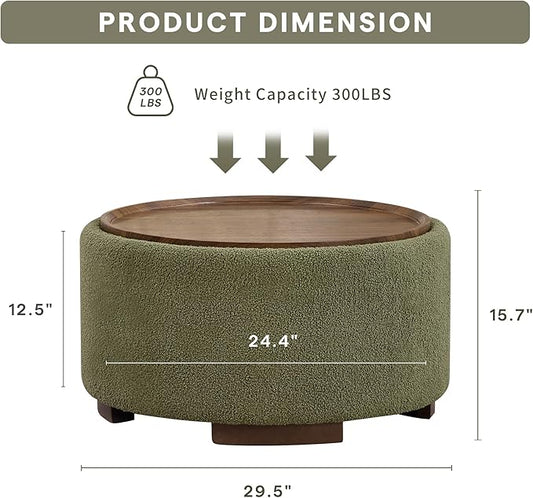 29.5 Inch Round Storage Ottoman Coffee Table,Modern Circle Coffee Table with Storage with Removable Lid Top and Solid Wood Legs,Large Round Ottoman for Bedroom,Living Room,Teddy Fleece,Green