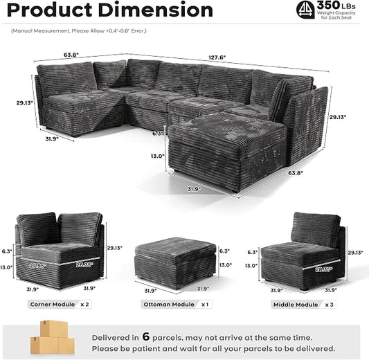 ovios Modular Sectional Sofa Couch with Sofa Bed L-Shape Chaise, Comfy Plush Corduroy Cloud Couches, Modern Luxury Deep Seat Sofas Set for Living Room, 6-Seater, Grey