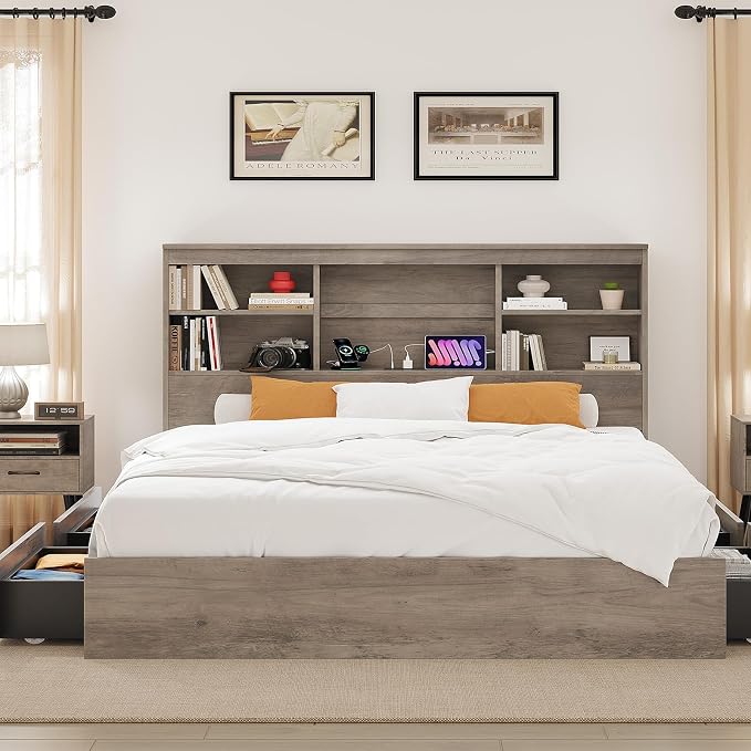GarveeHome King Size Bed Frame with High Storage Bookcase Headboard, Wood Bed Frame with 4 Storage Drawers, Built in Charging Station, No Box Spring Needed, Metal Frame, Noise-Free, Grey