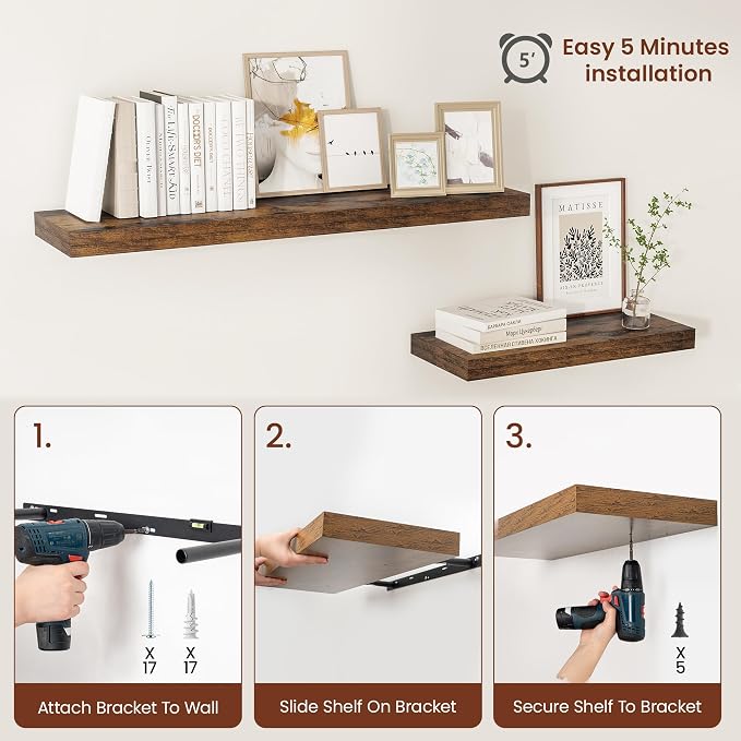 Vivelove 12" Deep Floating Shelves for Wall 36" Long, Wall Shelves for Bedroom Living Room Bathroom Kitchen Laundry Room, Farmhouse Rustic Shelves for Home Decor, 36" X 12" X 2" Set Of 2, Rustic Brown