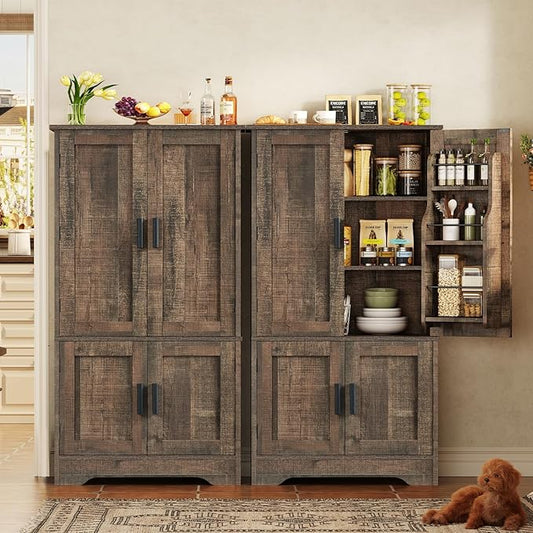 TEENFON Storage Cabinet with 4 Doors, 43.3" H Farmhouse Kitchen Cabinet with 6 Door Shelves, Kitchen Storage Cabinets with Adjustable Shelves, for Living Room, Antique Oak