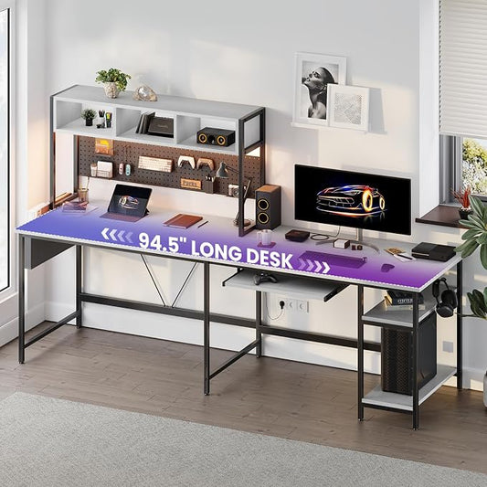 DUMOS 67" L Shaped Gaming Desk, Corner Desks for Compact Spaces with Keyboard Tray & Storage Shelf,Reversible Computer Desk with LED Lighting,Metal Frame PC Gaming Table for Home Office, White