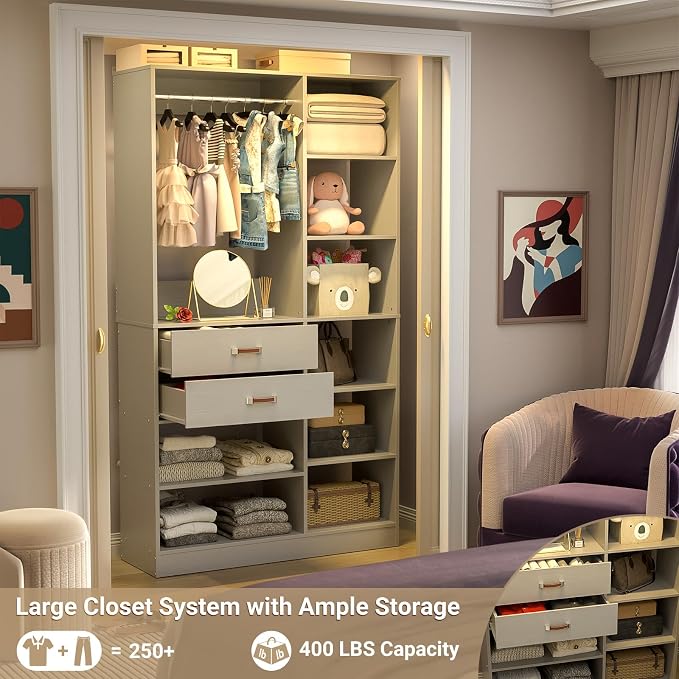 Armocity Freestanding Closet System, 40 Inches Stand-Alone Wardrobe with 10 Shelves, 80'' Height Adjustable Cloth Garment Rack with 2 Wood Drawers, Wood Walk-in Closet with Hanging Rod, Grey