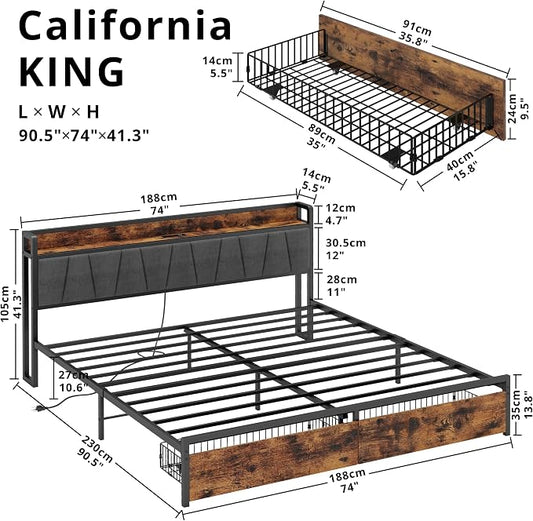 LIKIMIO California King Size Bed Frame with 2 Drawers and Charging Station | Platform Bed with Upholstered Storage Headboard, No Box Spring Needed, Easy Assembly, Sturdy, Industrial Brown and Gray