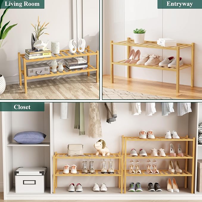 Smiry Bamboo Shoe Rack, 2 Tier Free Standing Wooden Shoe Organizer, Stackable Wood Shoe Storage Shelf for Closet, Entryway, 12 Vertical Slats, One-piece Standard Legs, 26.8"x11"x13", Natural