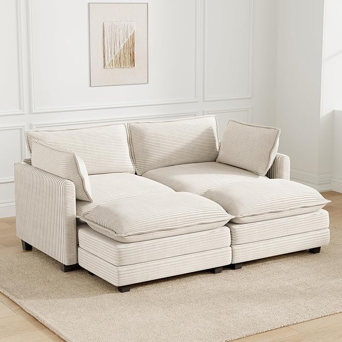 78'' Modular Sectional Cloud Couch with 2 Movable Ottoman, 4 Seat Comfy Modern Corduroy Sofa with 2 Throw Pillows, Deep Seat Sleeper Couch for Living Room Bedroom Apartment, Beige