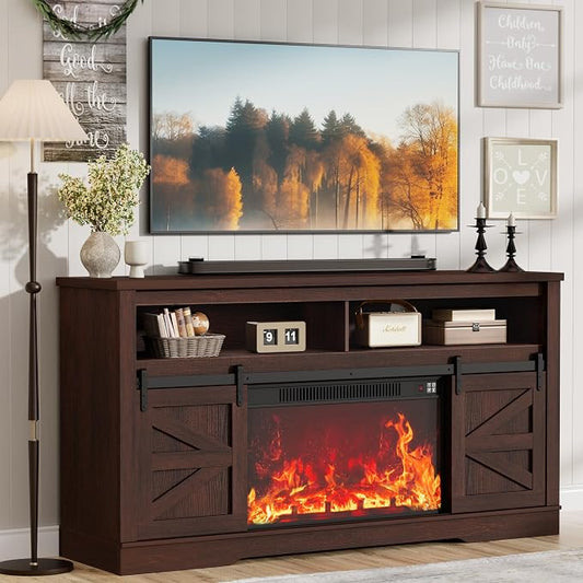 JUMMICO Fireplace TV Stand for 65+ Inch TV with 26'' Fireplace Entertainment Center with Storage Cabinet and Adjustable Shelves, Media Console with Sliding Barn Door for Living Room (Brown)