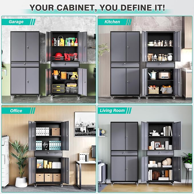 Metal Garage Storage Cabinet with Wheels and Drawer,Gray Rolling Garage Cabinet with Locking Doors and Adjustable Shelves,73" Tall Mobile Metal Storage Cabinets on Wheels for Home,Office,Garages,Tool