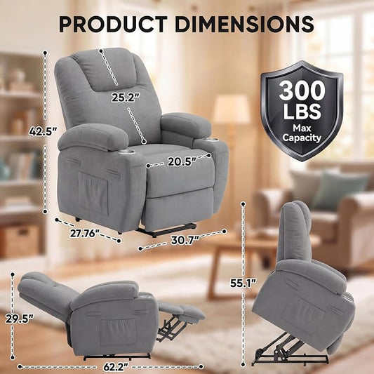 Flamaker Power Lift Chair Massage Recliner Chairs for Elderly - Ergonomic Design with Cup Holders & Side Pockets, Remote Control (Gray)