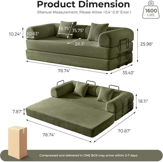 79" 5-in-1 Convertible Sofa Bed No Assembly, Boneless Couch Bed with High Density Foam, Foldable Sleeper Sofa, Corduroy Modular Couch for Apartment, Studio, Dorm Room, Small Space, Light Green