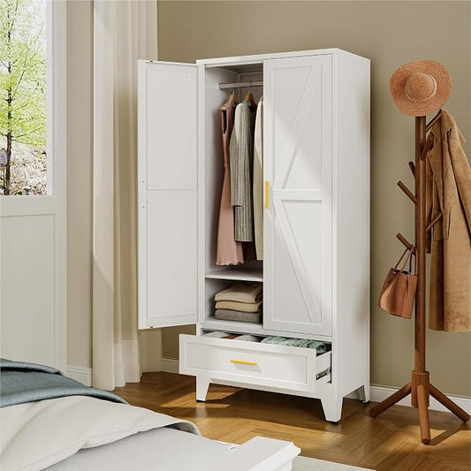 YAUWOH Farmhouse Wardrobe Cabinet with One Drawers,Metal Wardrobe Closet with Hanging Rod,Metal Armoire with Adjustable Shelves for Bedroom,Cloak Room,Office (White)