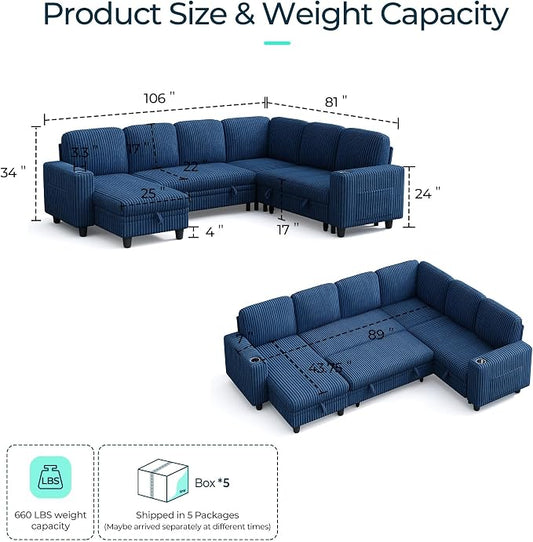 LINSY HOME Sectional Sofa with Pull Out Bed, 6 Seats Corduroy Reversible Sleeper Sofa with Storage Seats & Chaises, USB Ports, Cup Holders, Side Pocket, Sectional Couches for Living Room, Blue