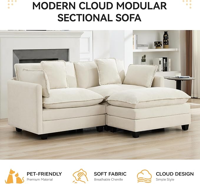 76'' Cloud Deep Seat Loveseat, Upholstered Chenille Modular 2-Seats Sectional Sofa Couch, Modern Comfy Settee Loveseat for Living Room Set, Small Apartment, Beige
