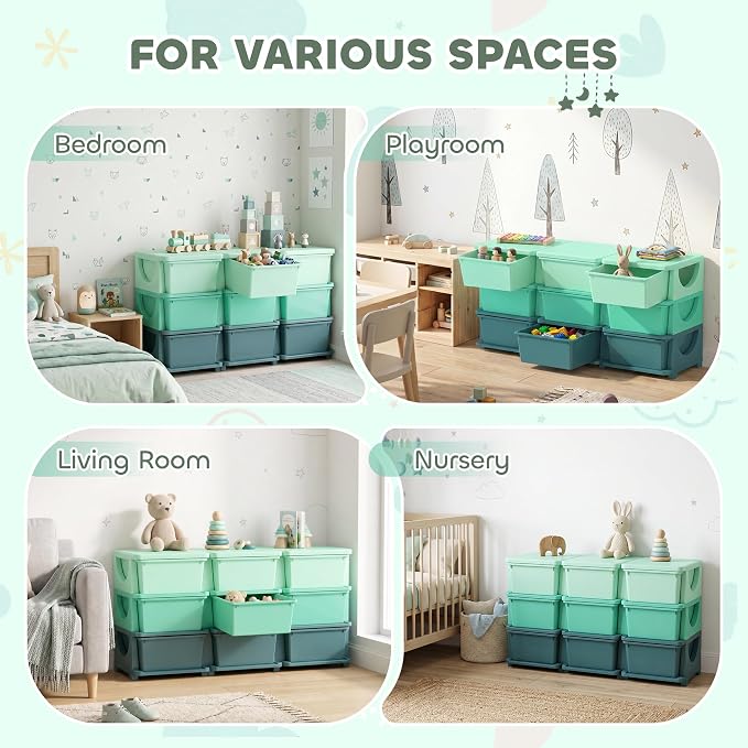 Qaba 9 Drawers Kids Storage Unit, 3 Tier Stackable Toy Organizers and Storage Chest for Bedroom, Nursery, Playroom, Living Room, Boys, Girls, Toddlers, Green