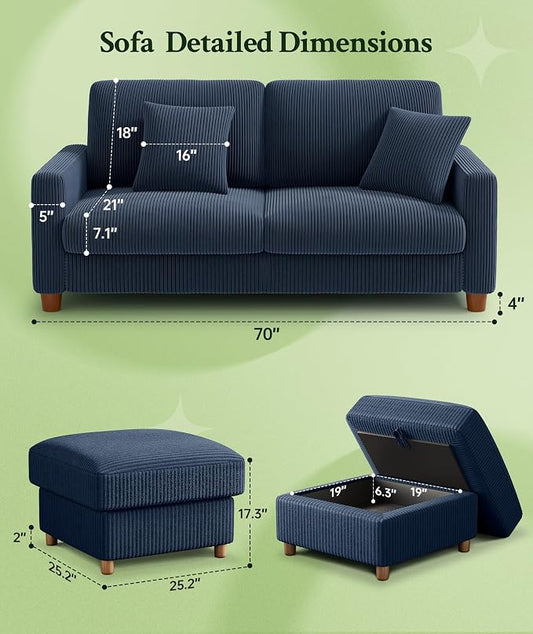Welzona 70.2" Couches for Living Room, Comfy L Shaped Couch Blue 7.1" Thicker Cushion, Sofas for Living Room Tool-Free Setup, Loveseat with Ottoman 705lbs Support, Corduroy Couch for Bedroom, Office