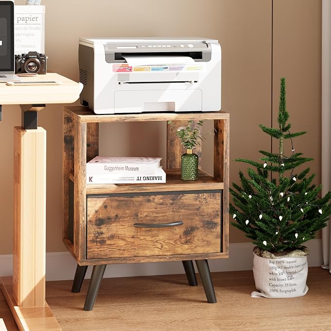 Aenuert Night Stand, Brown Nightstand with Drawer, Side Table with Open Storage, 2-Tier Modern End Table, Bedside Table for Small Space, Living Room, Bedroom