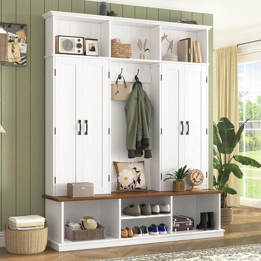 62.2" W Hall Tree with Bench and Shoe Storage,Shoe and Coat Rack with Cabinets and Hooks,Farmhouse Furniture for Entryway,Mudroom,Living Room,White