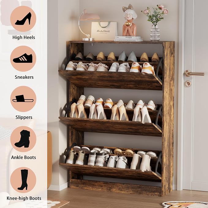 Shoe Storage Cabinet, Wood Shoe Organizer for Entryway with 3 Flip Drawers, Freestanding Shoe Rack with Adjustable Shelf, Narrow Shoe Dresser for Front Door Entrance (Brown, 3 Drawers)