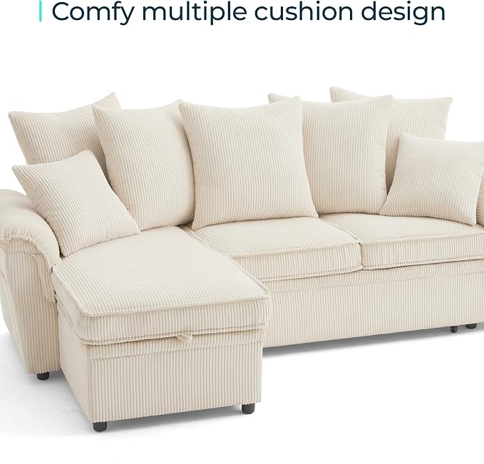 LINSY HOME Sectional Loveseat Sofa with Pull Out Chaise (Beige, 62.5'') | USB Charging